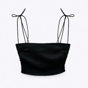 Zara Black Satin Effect Smocked Bach Crop Top